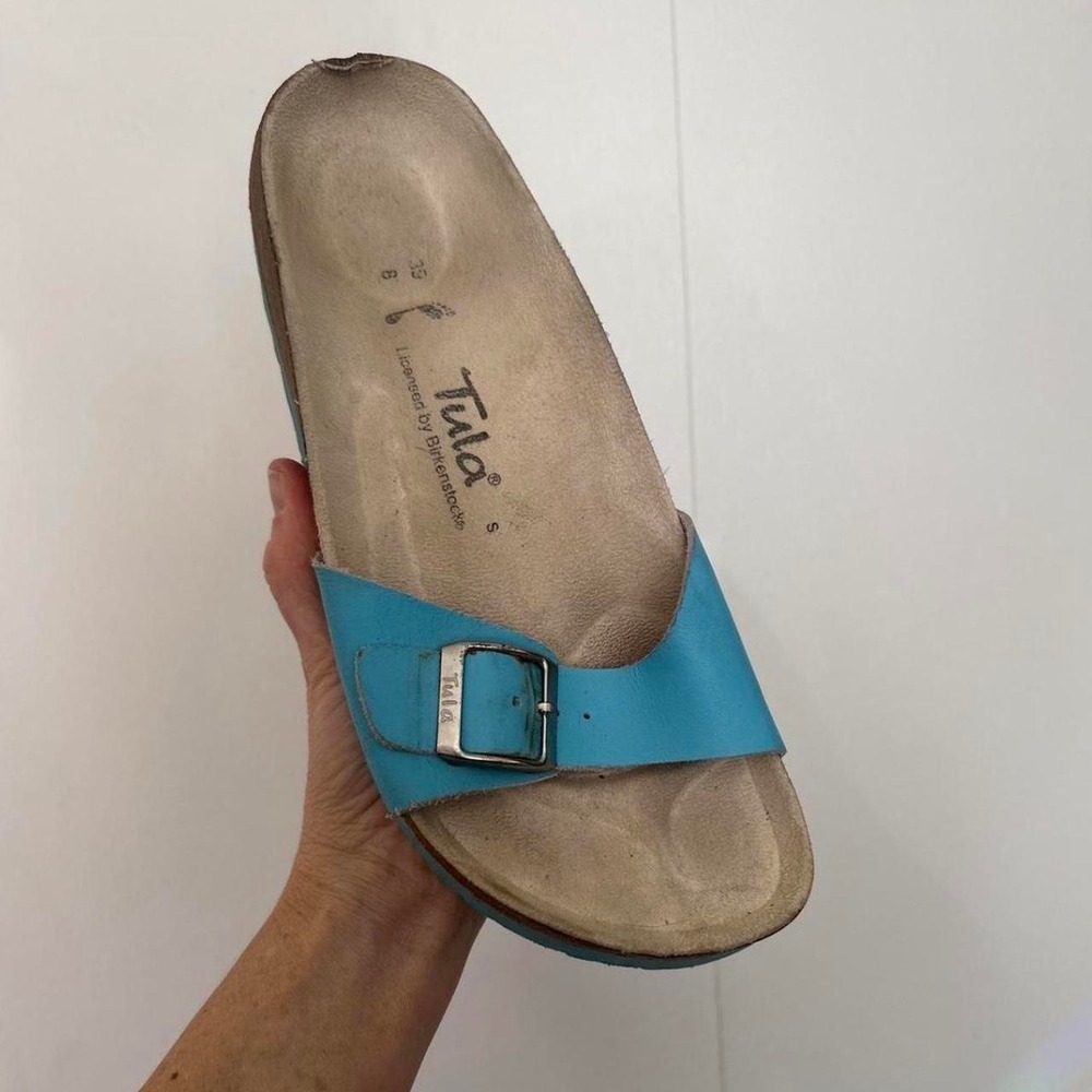 Birkenstock Tula Teal Blue Turquoise Leather Buckle Slide Sandals Womens Size 39